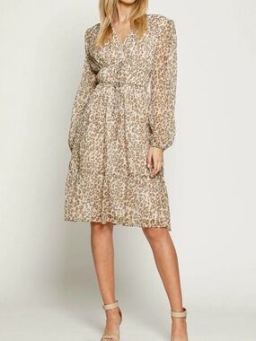 Walter Baker Beige Leopard-Print V-Neck Long Sleeve Dress